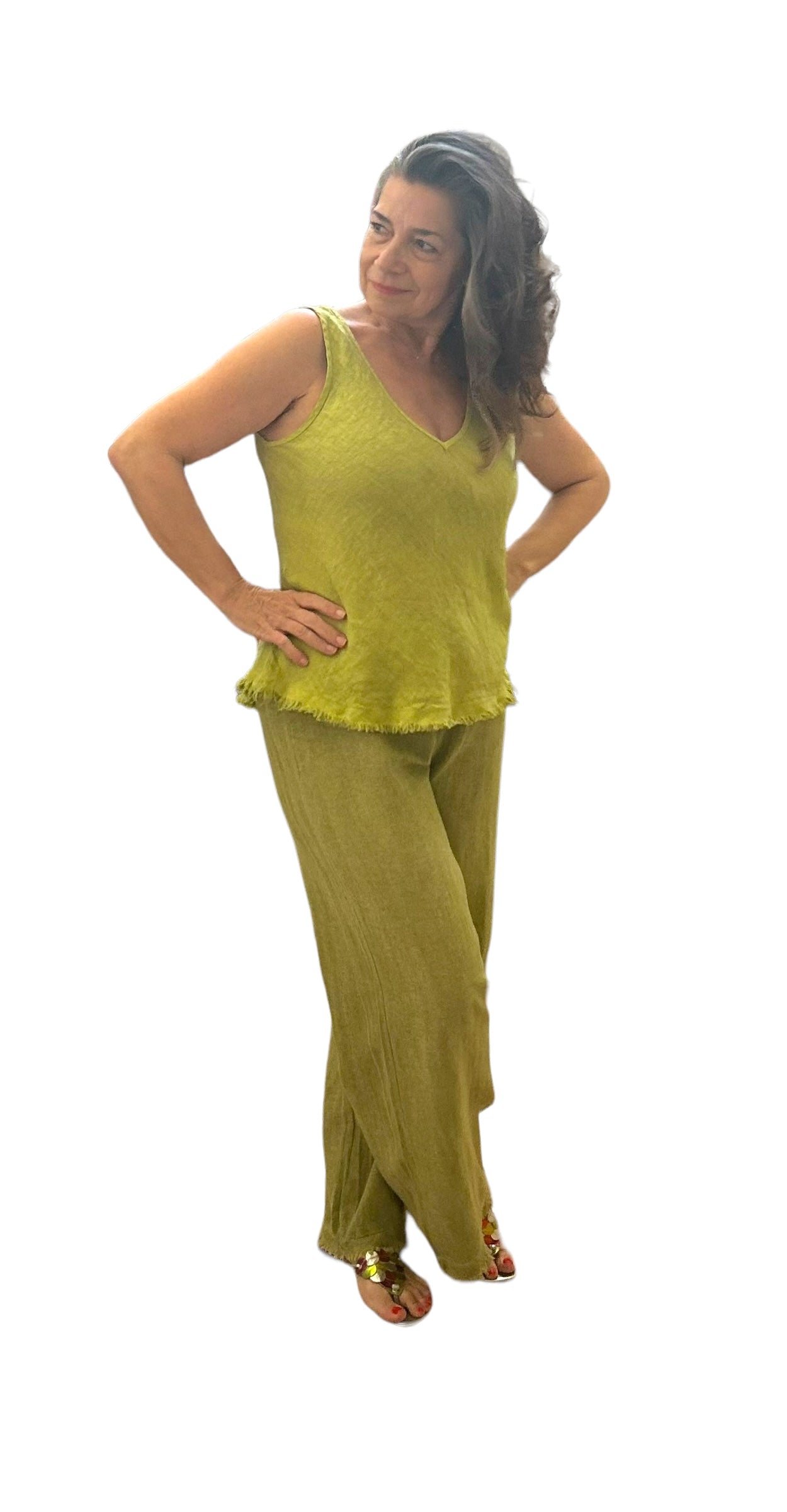 Mila pistachio linen V-neck top