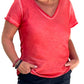 Bella Vita red raw edge V neck t-shirt