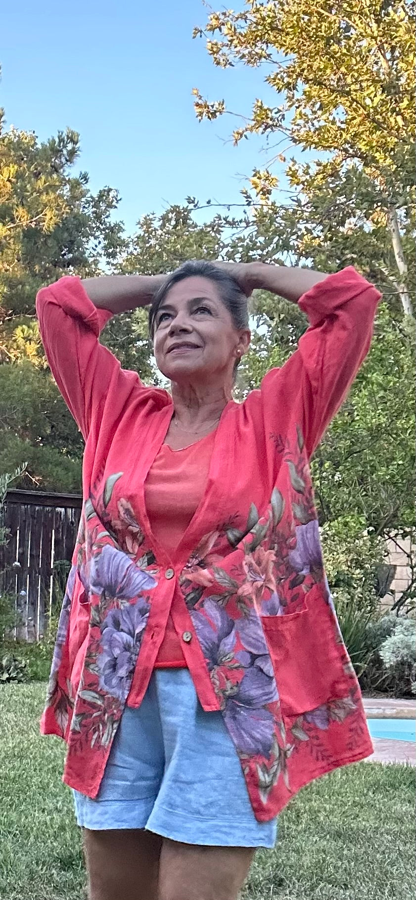 Coral floral breeze linen kimono