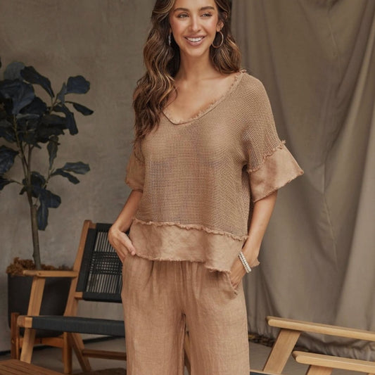 Cotton Mesh Grid Short Sleeve Top