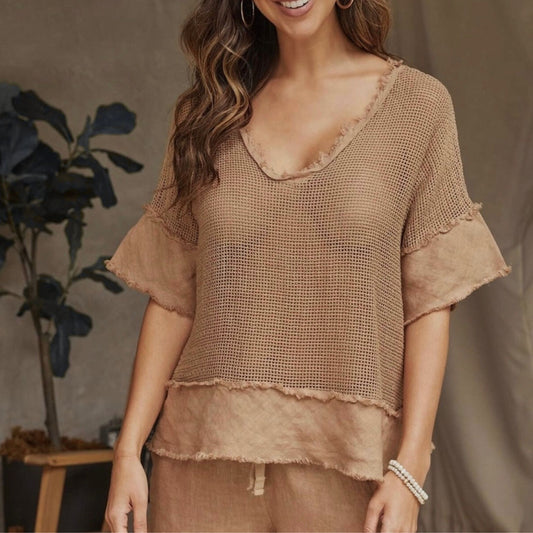 Cotton Mesh Grid Short Sleeve Top