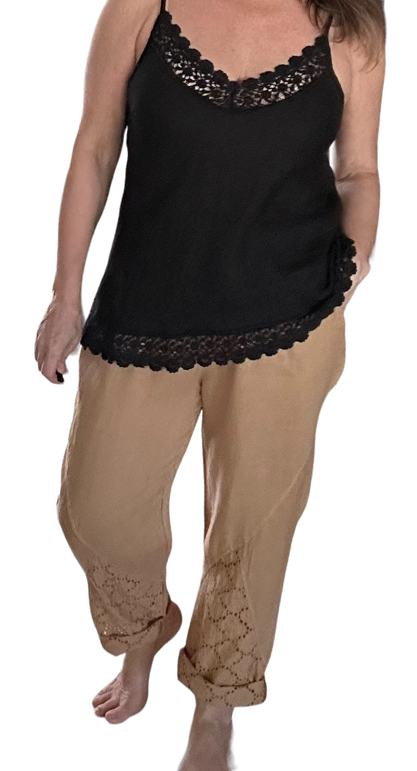 Camel Lace Hem Linen Drawstring Pants