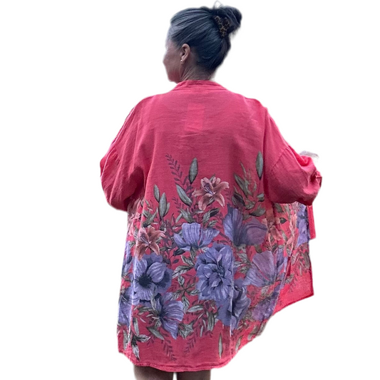 Coral floral breeze linen kimono