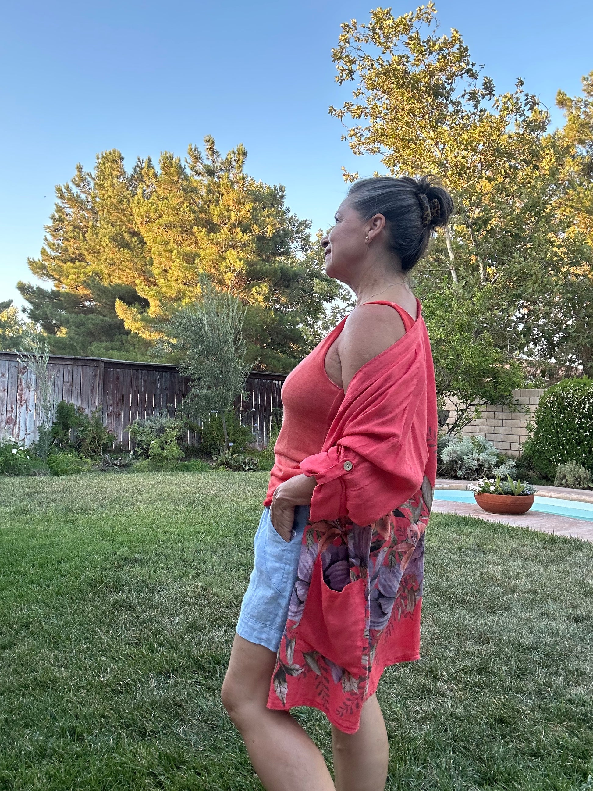 Coral floral breeze linen kimono