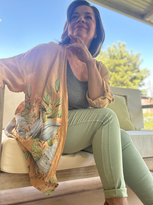 Camel floral breeze linen kimono