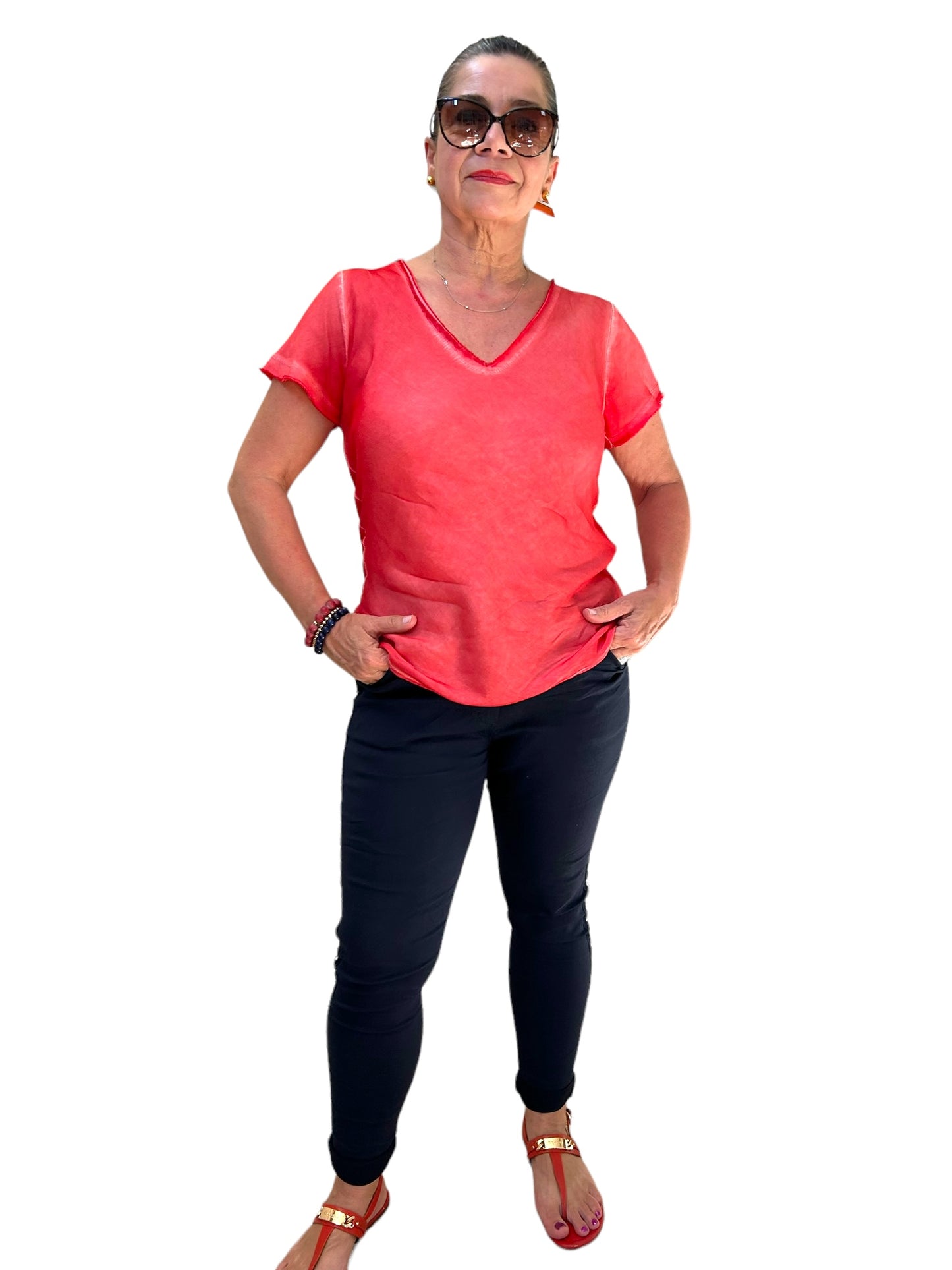 Bella Vita red raw edge V neck t-shirt