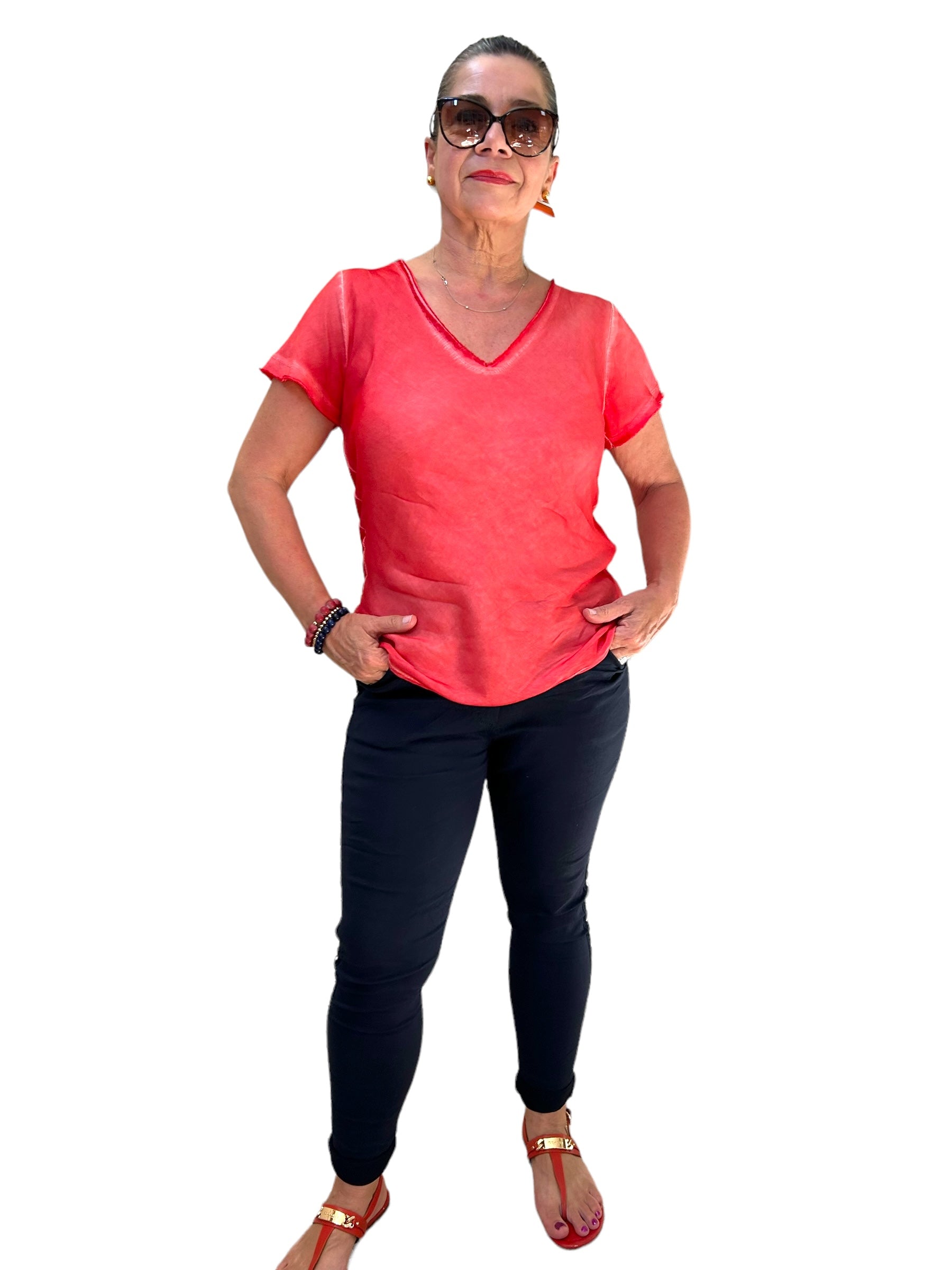 Bella Vita red raw edge V neck t-shirt