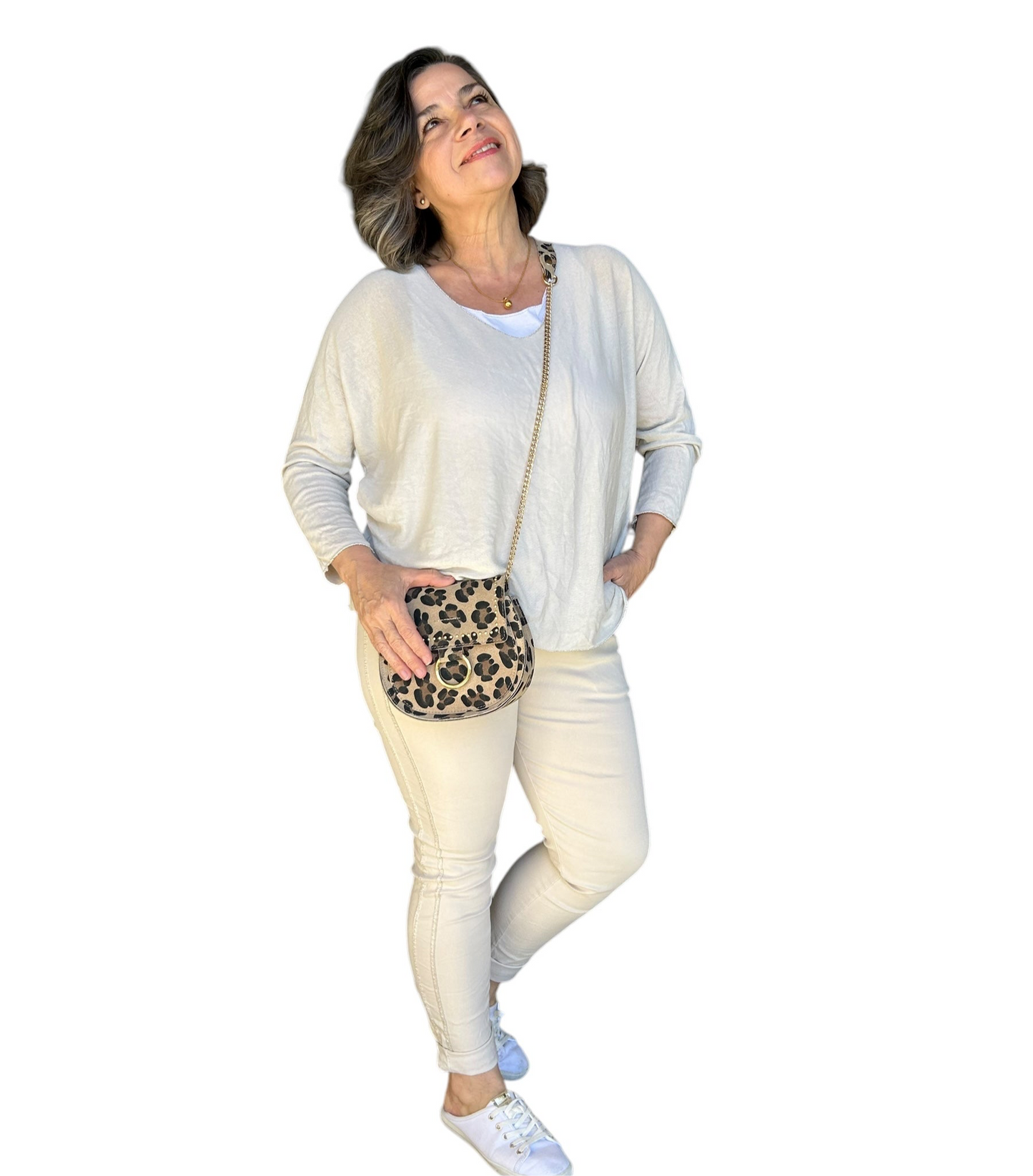 Beige Italian Magic Pants With a Subtle Chic Glam Side Panel