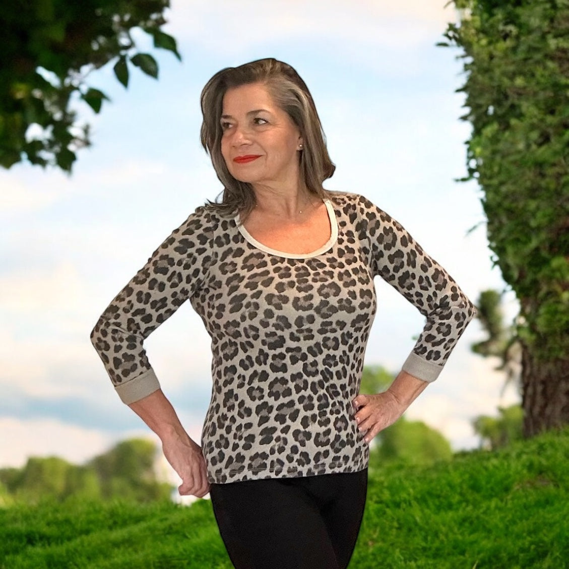 Taupe leopard print rib top