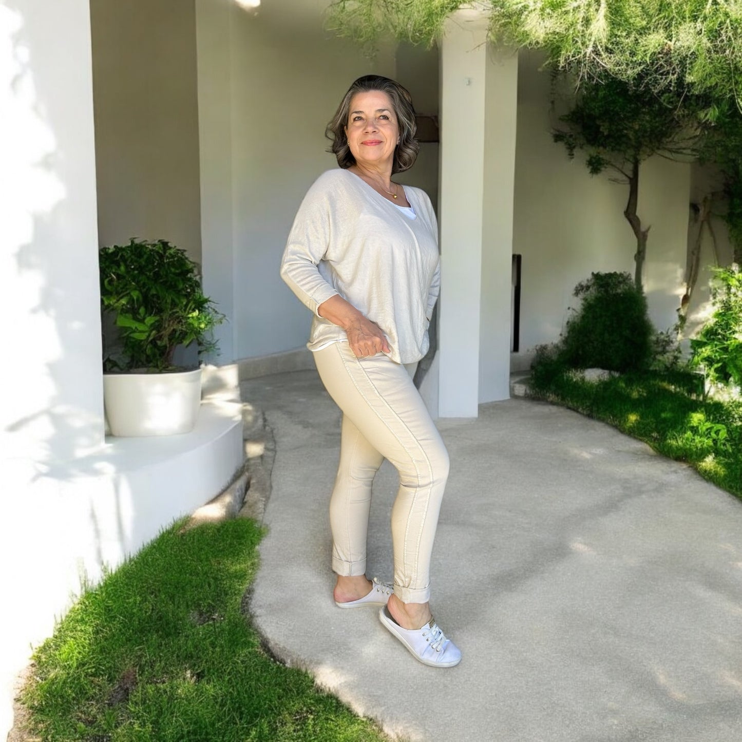 Beige Italian Magic Pants With a Subtle Chic Glam Side Panel
