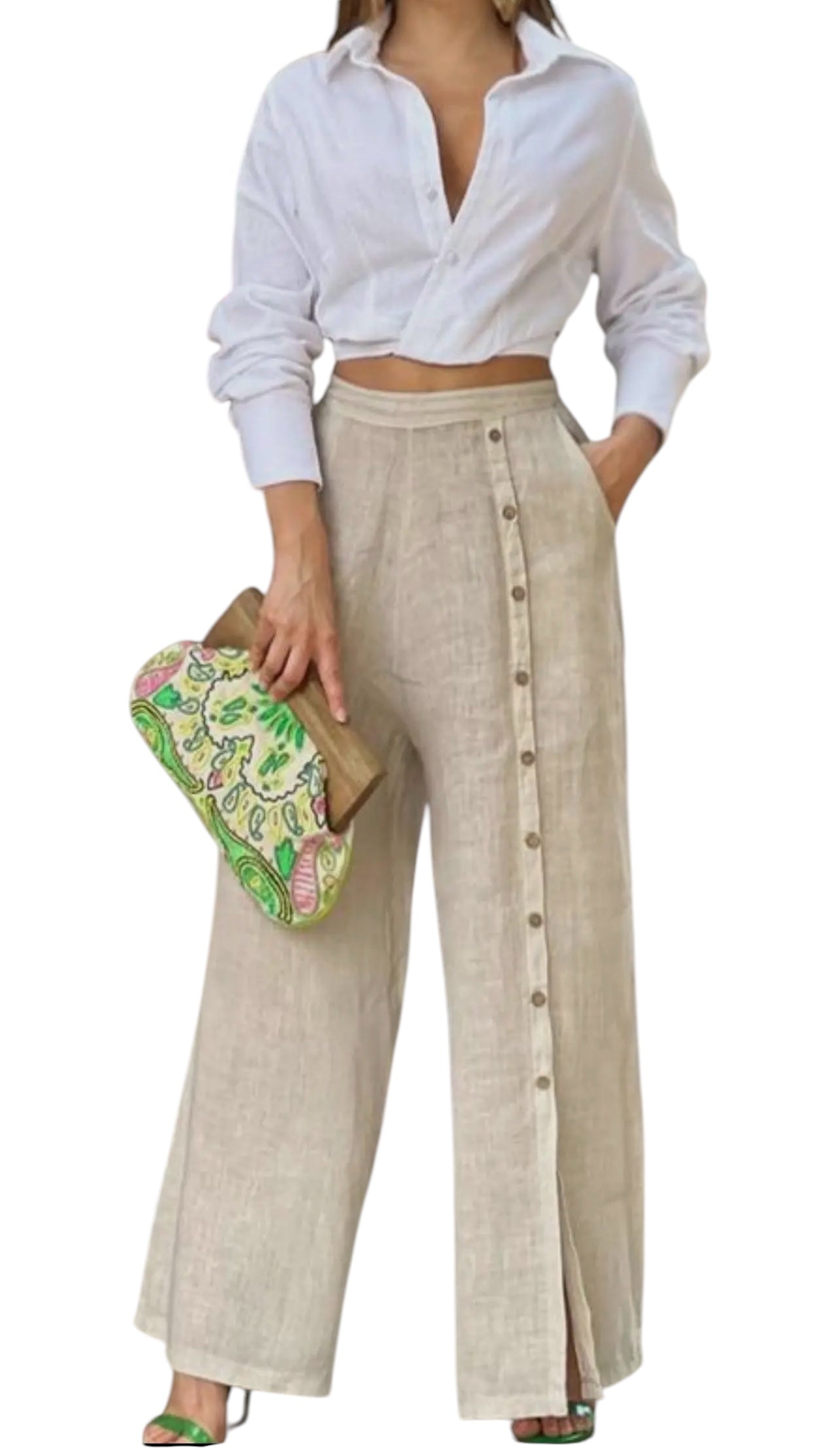 Venezia oatmeal wide leg linen pants