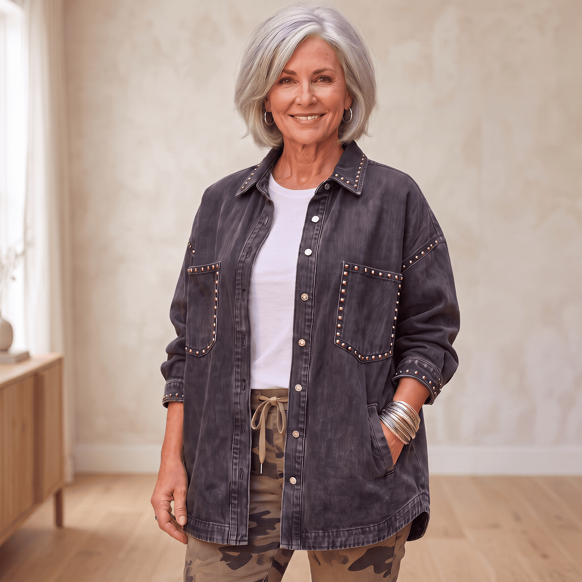 Studded Washed Denim Shacket - Limited Edition Studded Washed Denim Shacket - Limited Edition S