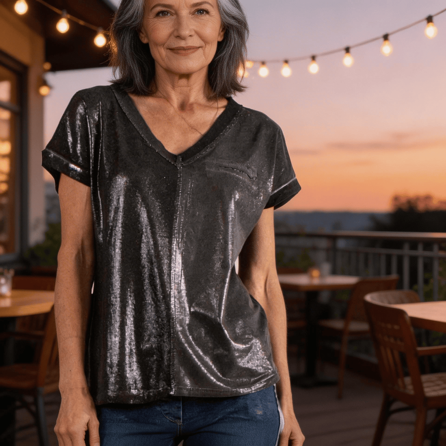 Two tone V neck t-shirt with faux pocket Two-Tone V-Neck T-Shirt with Faux Pocket - Chic & Versatile