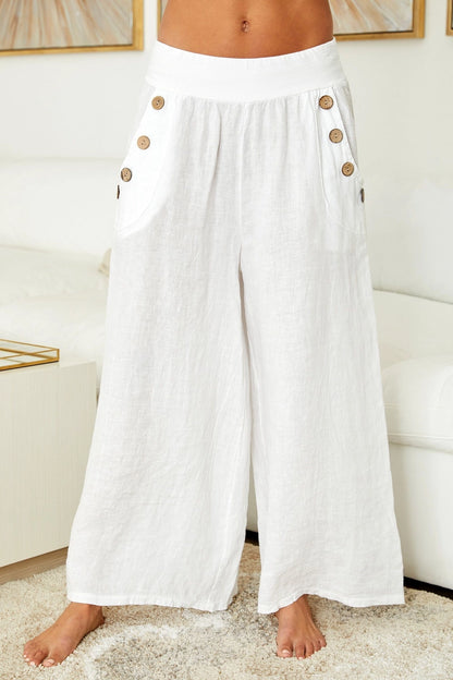 White Linen Palazzo Pants With Button Detail