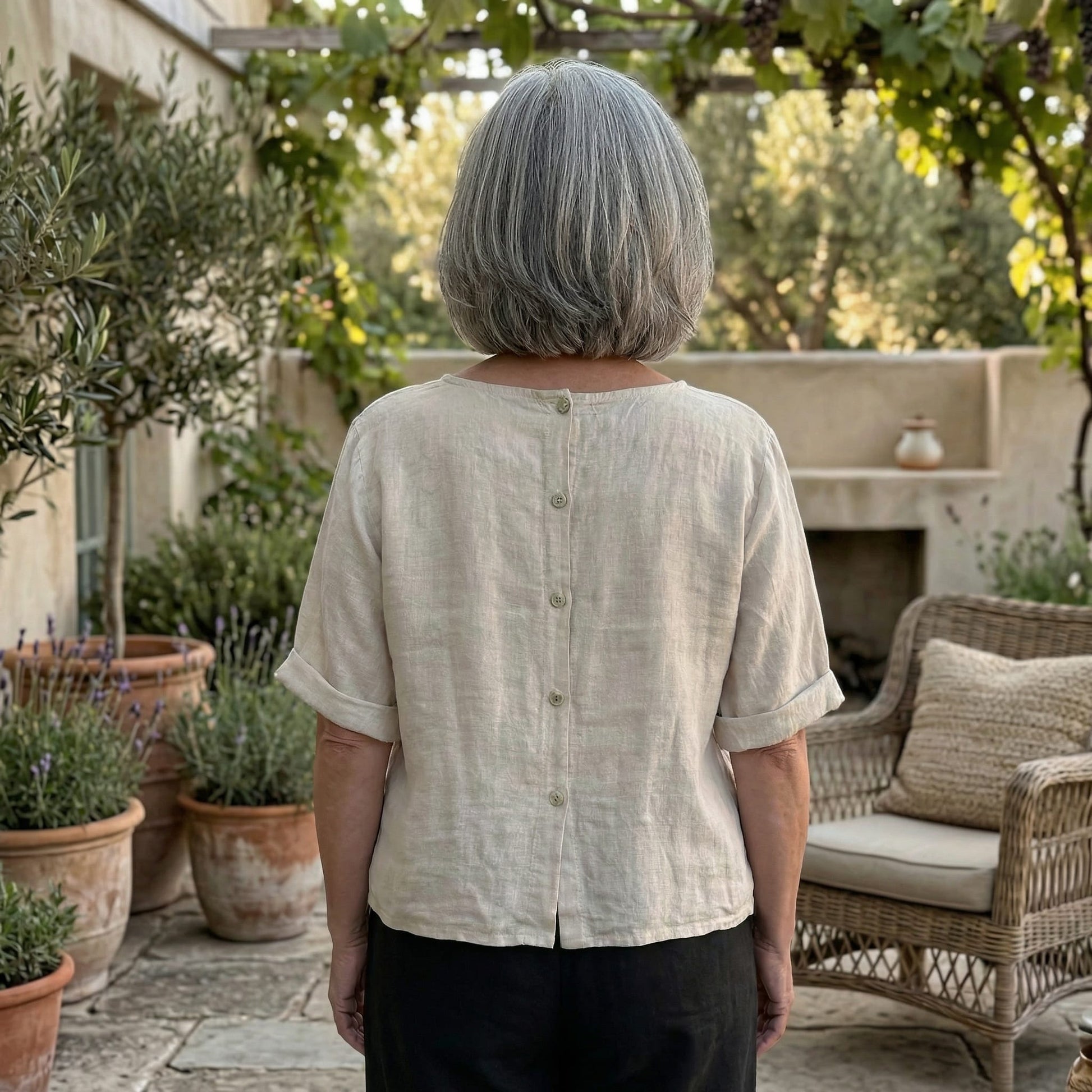 Serenity Button Back Linen Top Soft Pink Serenity Button Back Linen Top with Boat Neckline