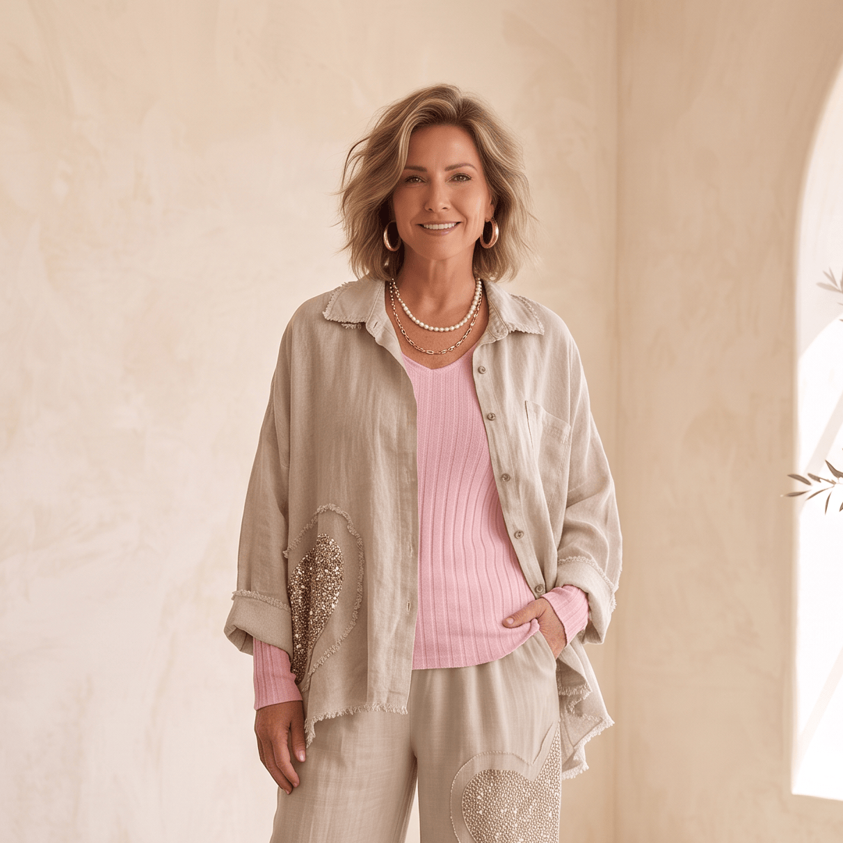 Amore Linen Button-Down Shirt Women's Italian Linen Button Down Shirt Lightweight Summer One Size
