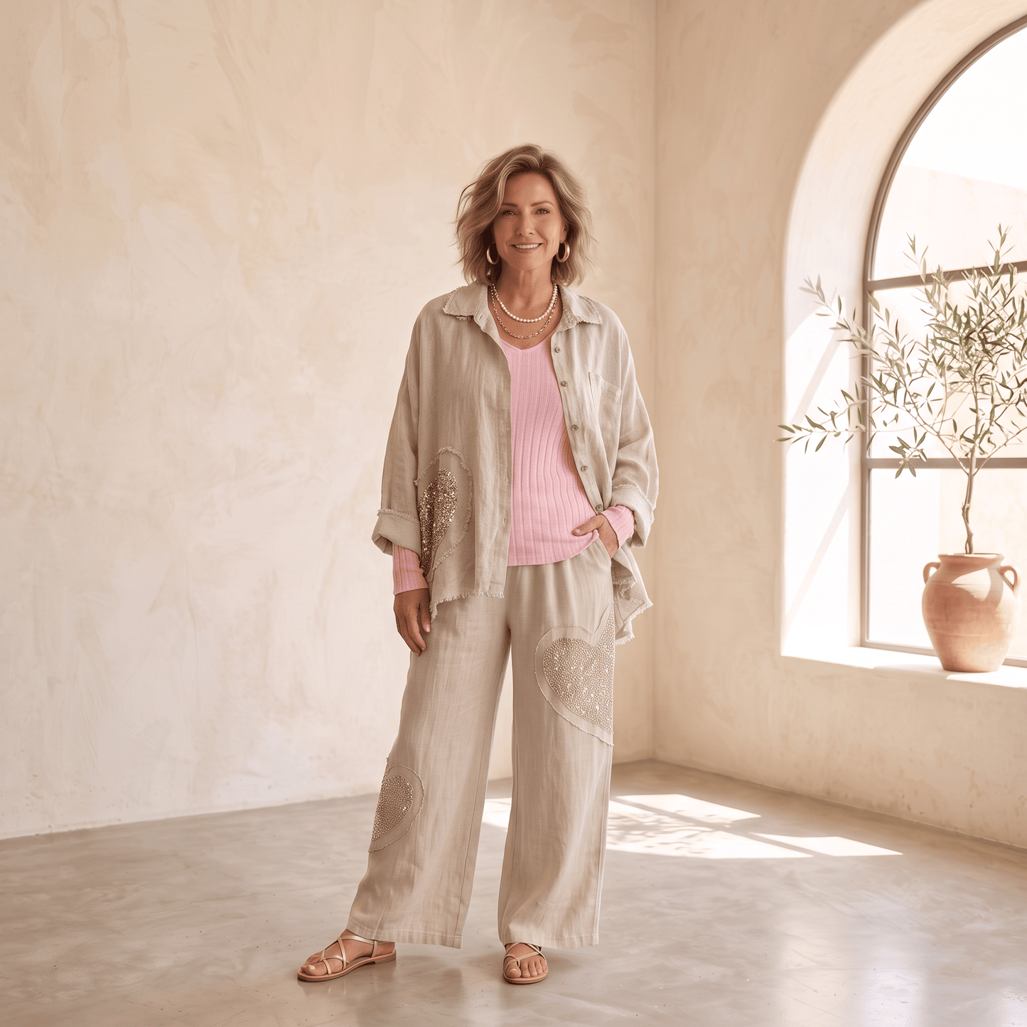 Amore Linen Button-Down Shirt Women's Italian Linen Button Down Shirt Lightweight Summer One Size