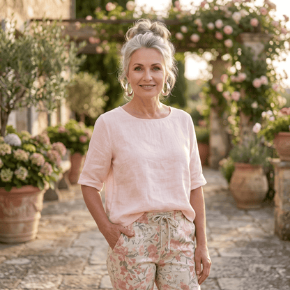 Serenity Button Back Linen Top Soft Pink Serenity Button Back Linen Top with Boat Neckline