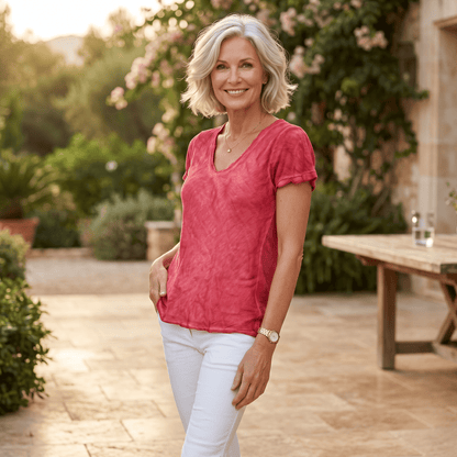 Raw Edge V-Neck Silk Tee Bella Vita Red Raw Edge V-Neck T-Shirt - Silk & Cotton