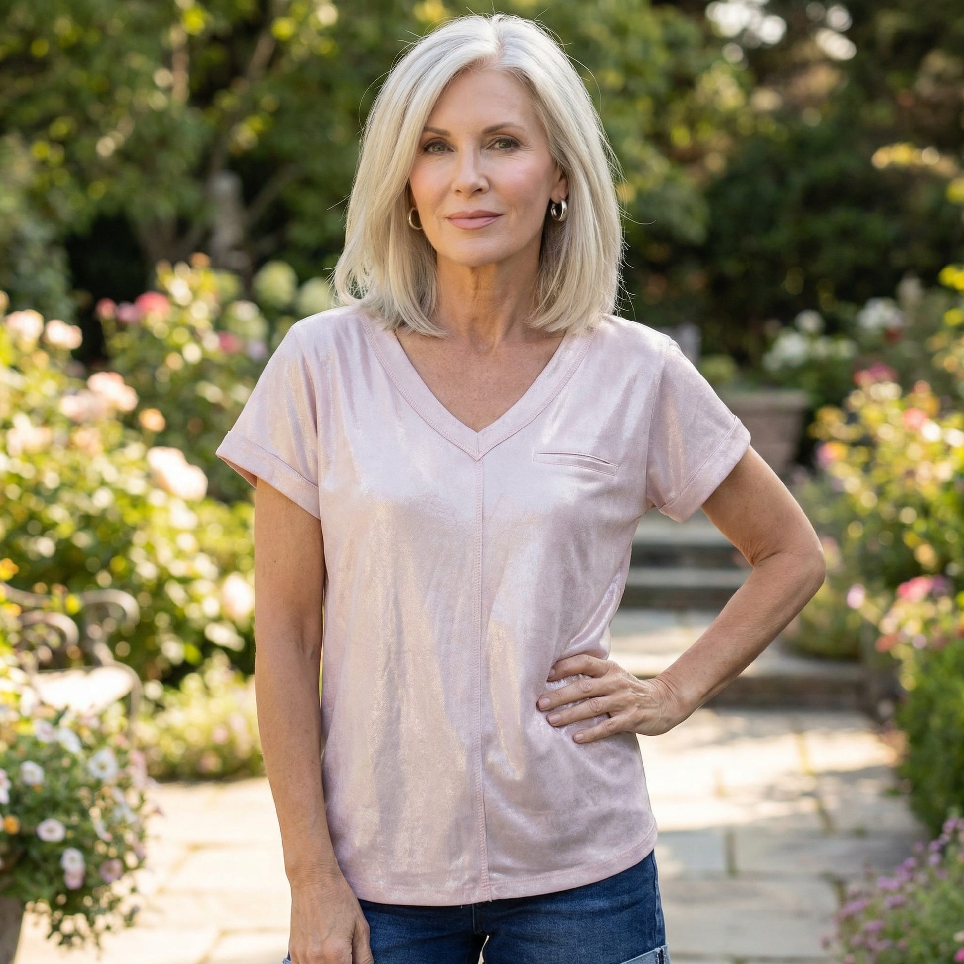 Two tone V neck t-shirt with faux pocket Two-Tone V-Neck T-Shirt with Faux Pocket - Chic & Versatile