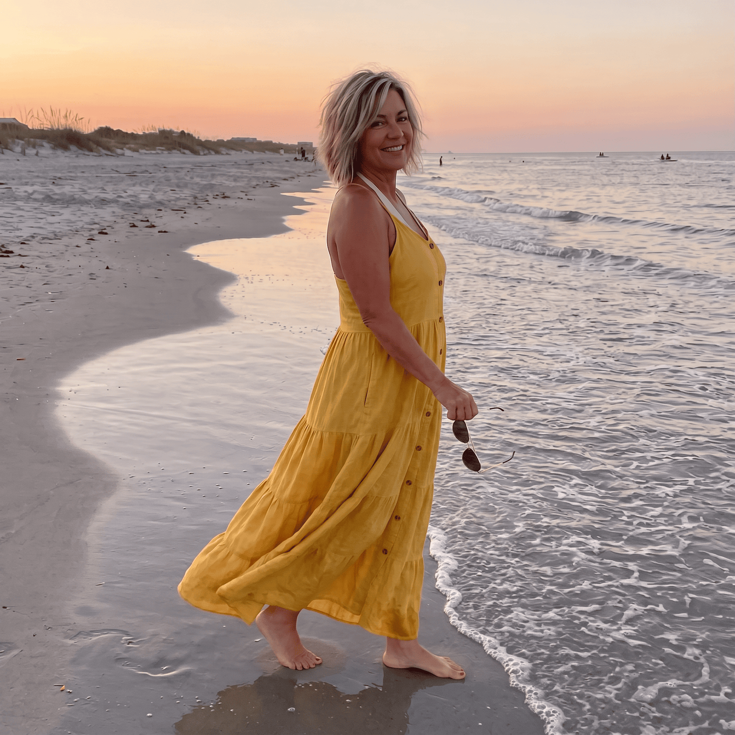 Viviana Tiered Yellow Linen Dress Women's Yellow Tiered Italian Linen Dress Lightweight Summer One Size