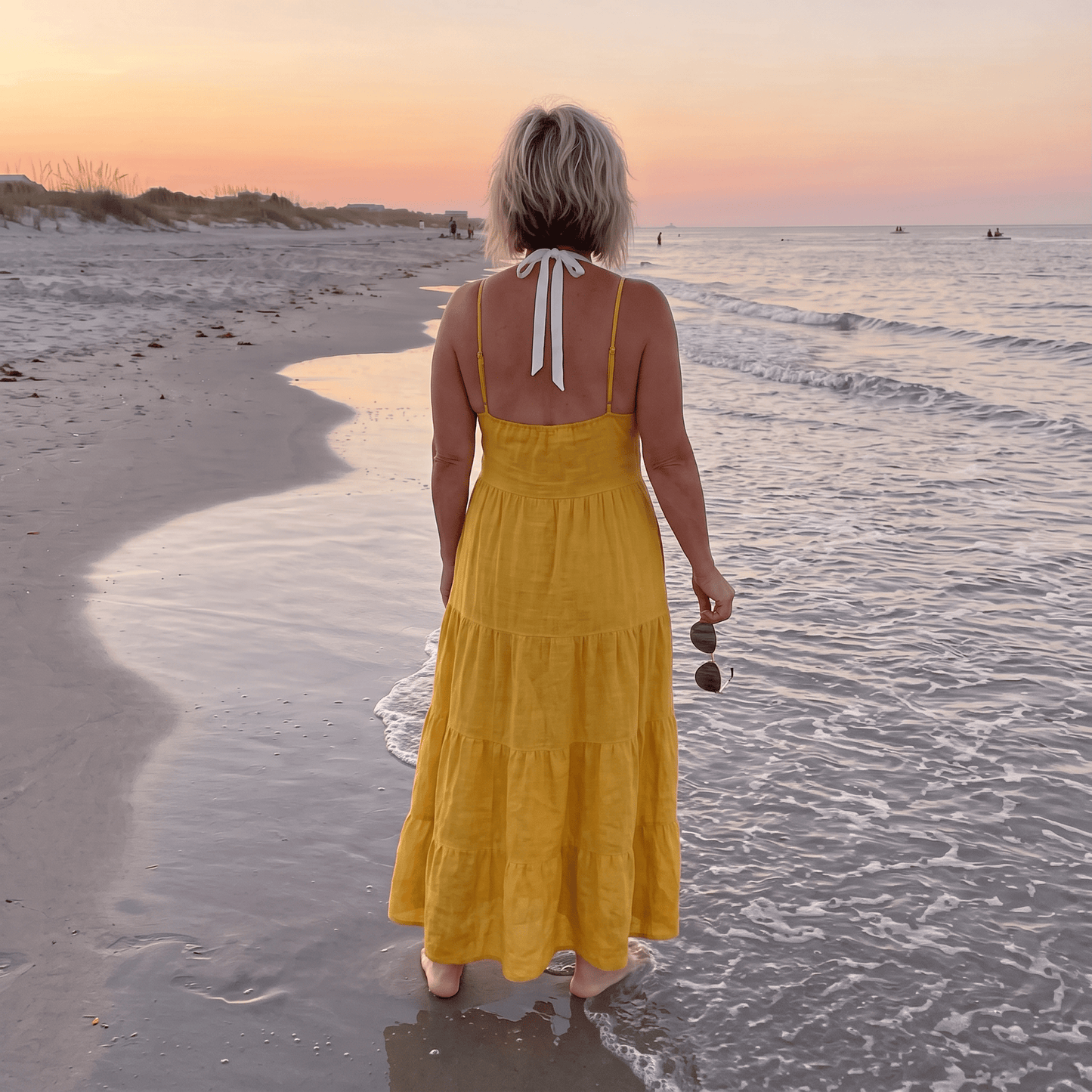 Viviana Tiered Yellow Linen Dress Women's Yellow Tiered Italian Linen Dress Lightweight Summer One Size