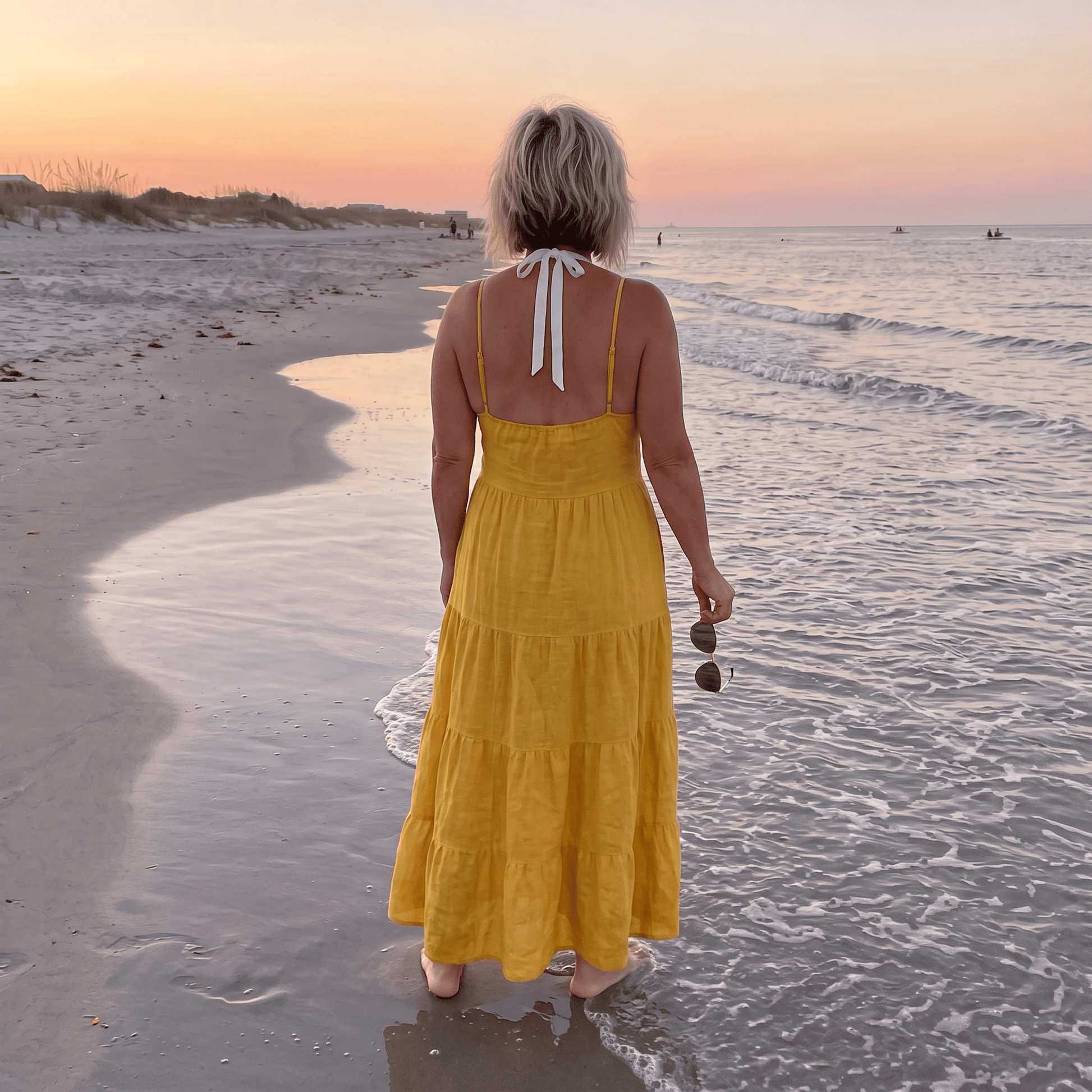 Viviana Tiered Yellow Linen Dress Women's Yellow Tiered Italian Linen Dress Lightweight Summer One Size
